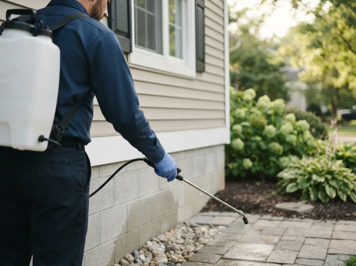 Pest control technician inspecting a home in Mccaysville, GA